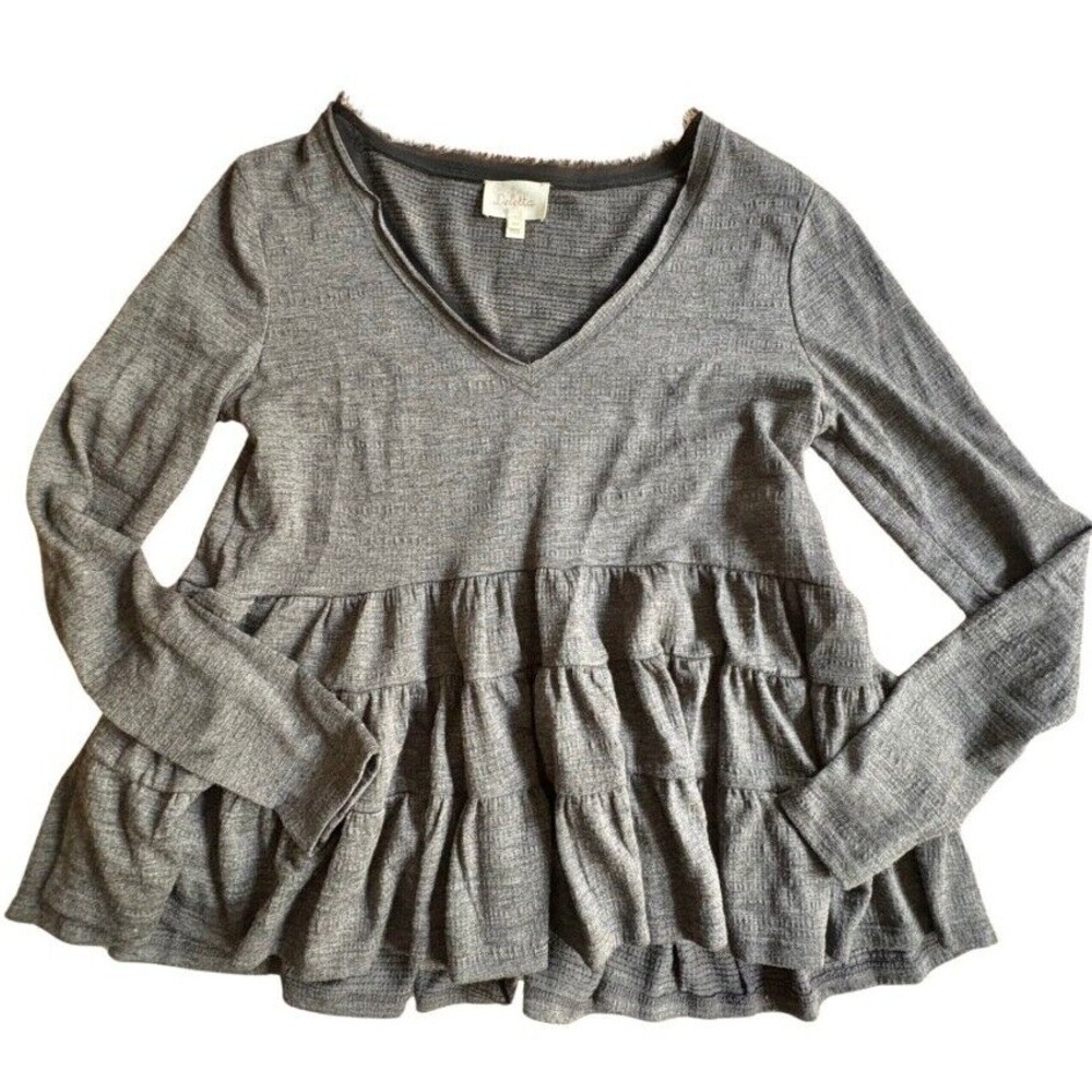 ANTHROPOLOGIE Deletta "Thea" Gray Peplum Boho Top Layered Ruffle Hem‎ SIZE XXS